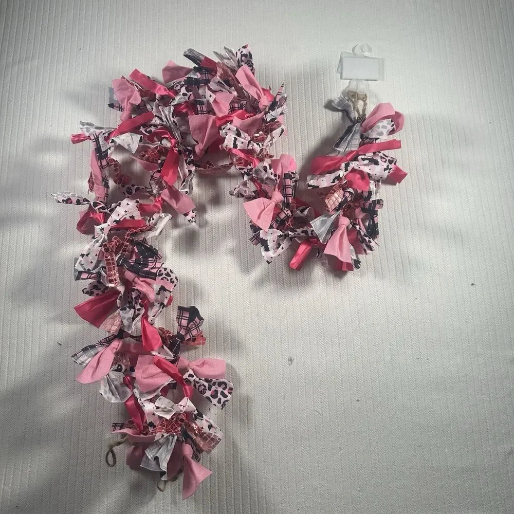 NWT Ashland Halloween Rag Tie Fabric Garland 6ft Pink Skulls Plaid Pastel Goth